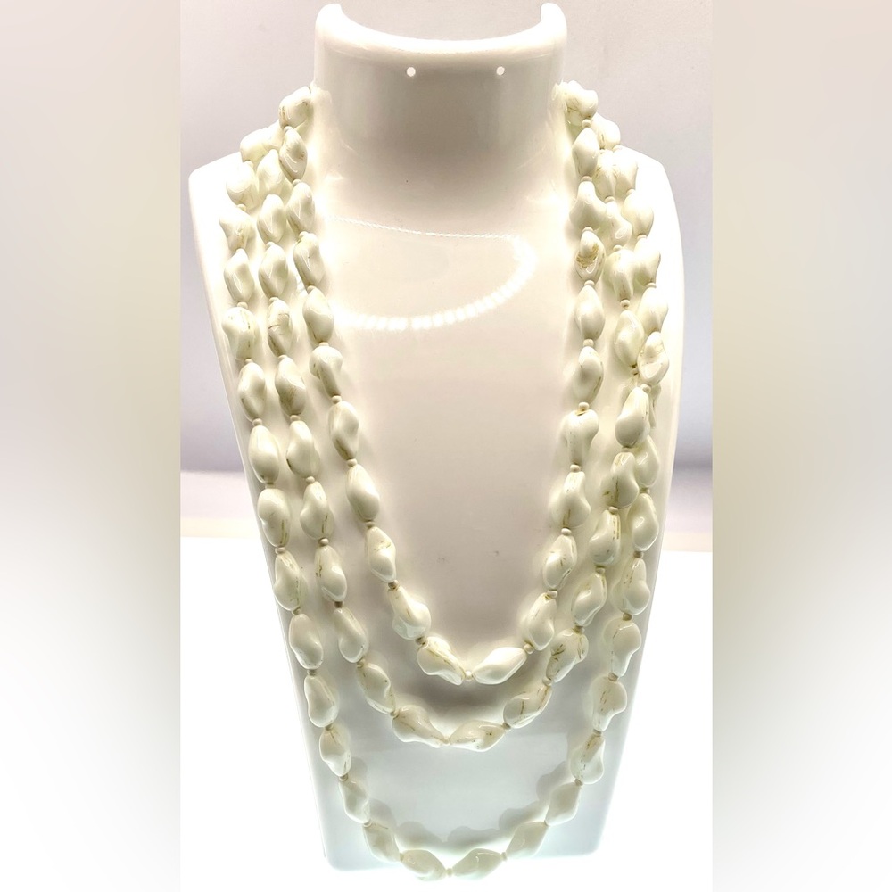 Vintage Long White Molded Glass Beaded Necklace Layering